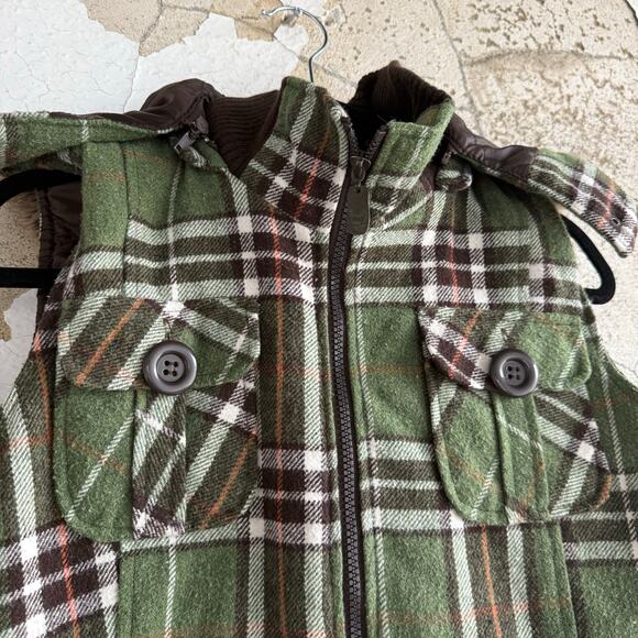 Y2K Puffer Vest Green Plaid Wool Blend Faux Fur Hood Quilted Lining Womens Prep - Picture 3 of 9